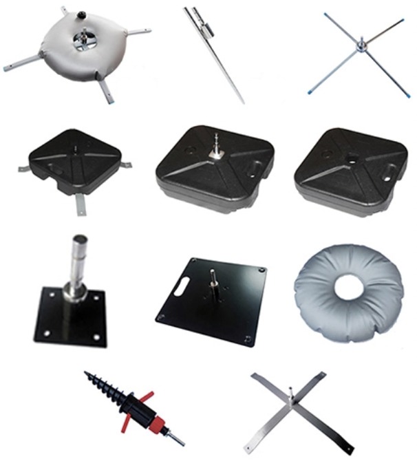 Flag base options: cross bases, water-filled bases, mounting plates and ground spikes