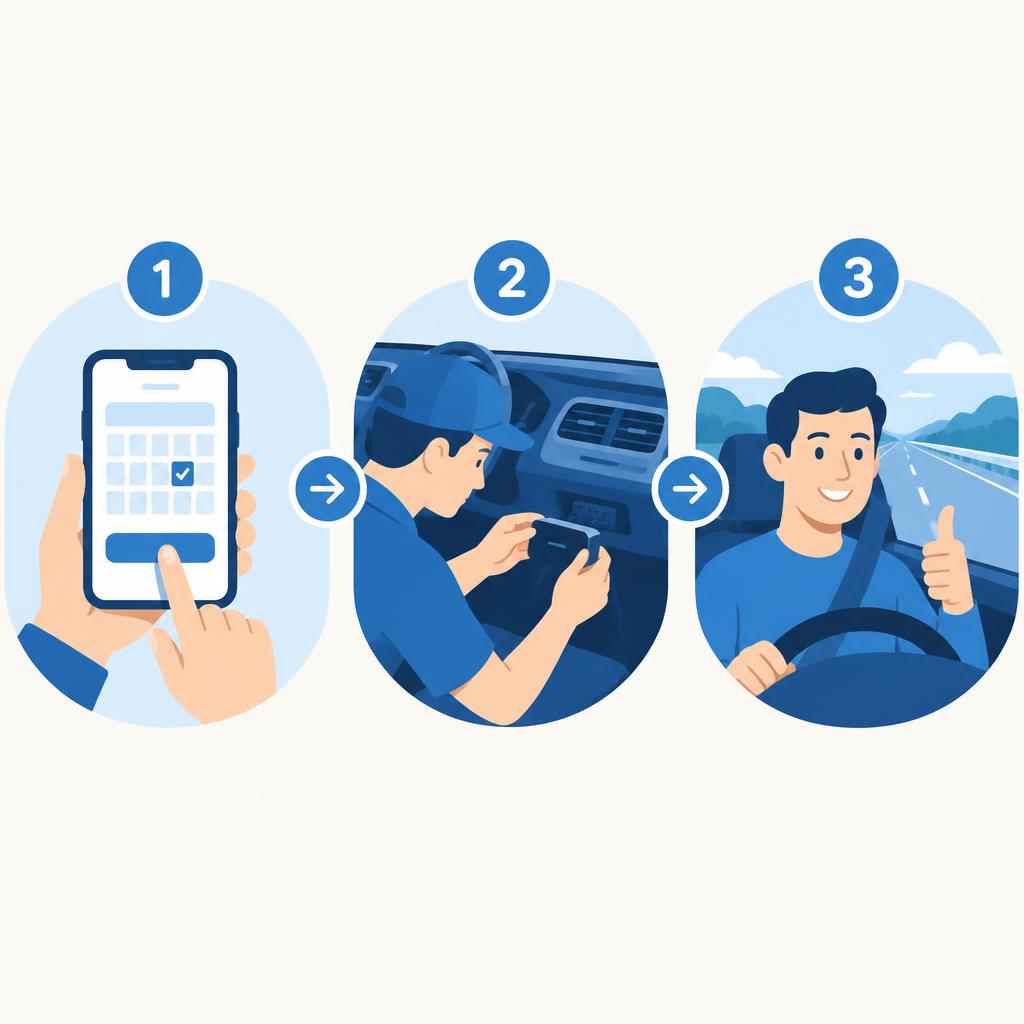 Illustration of the three steps: book an appointment, get the device installed, drive legally