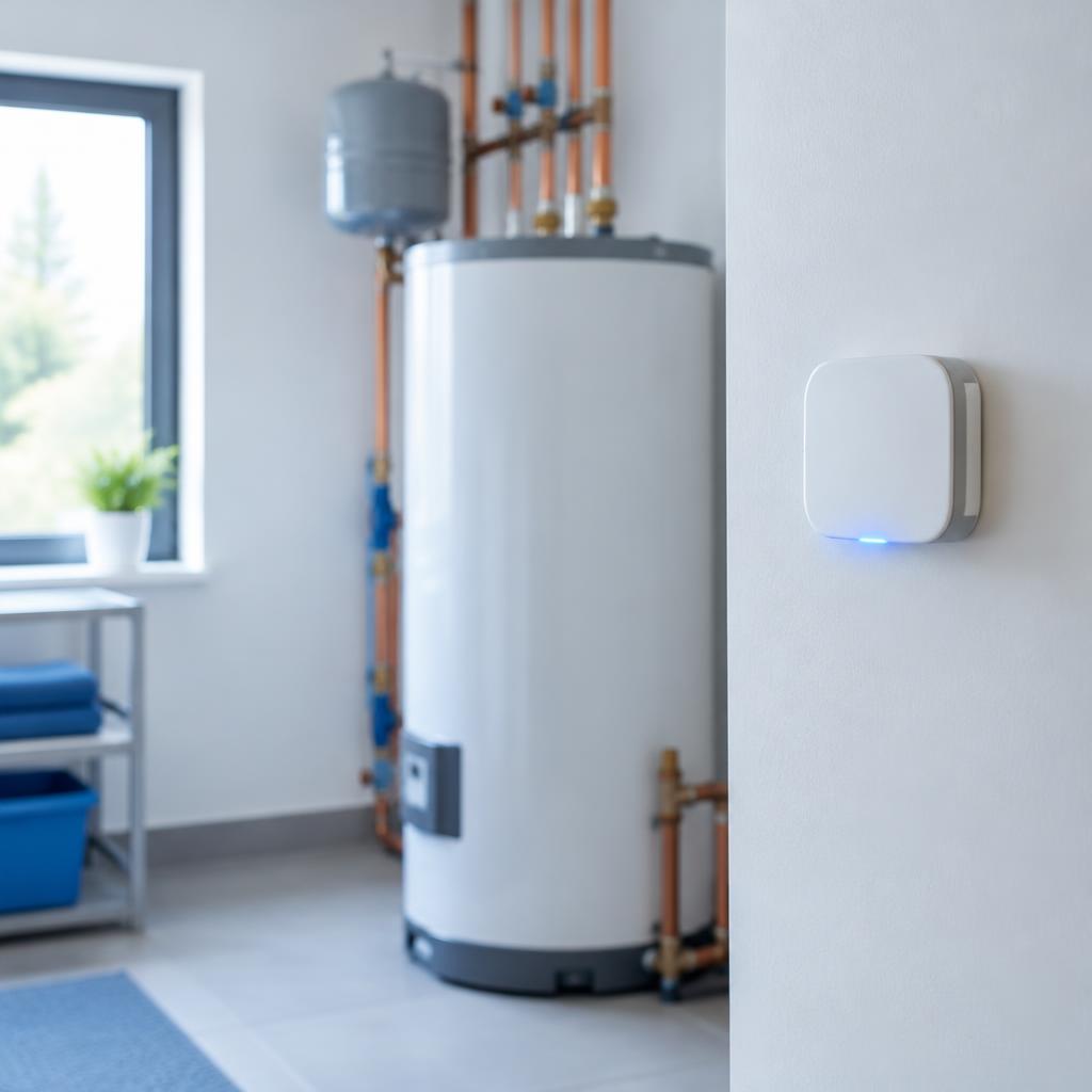 A compact white MYnder smart environmental sensor mounted on a wall in a modern utility room