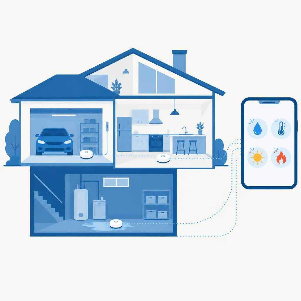 Illustration of MYnder sensors around a home sending leak, temperature, light and heat alerts to a phone